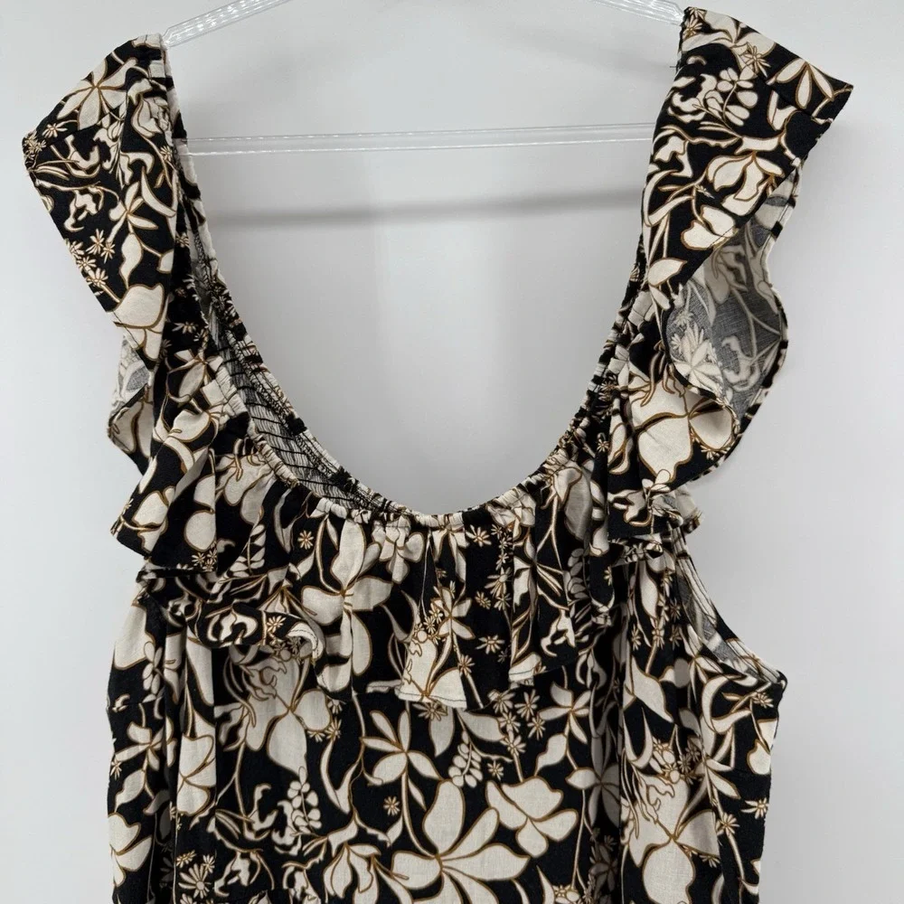 Ava & Viv Black Floral Ruffle Maxi Linen‎ Blend Dress Women 3X Vacation Resort